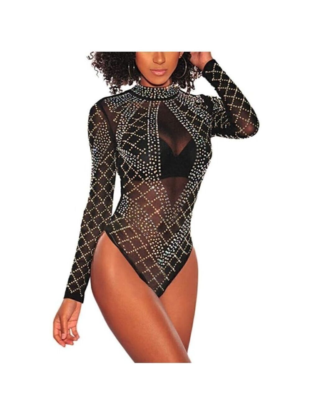 Sexy Sheer Mesh Turtleneck See Through Leotard Bodysuit Long Sleeve Stretchy NWT